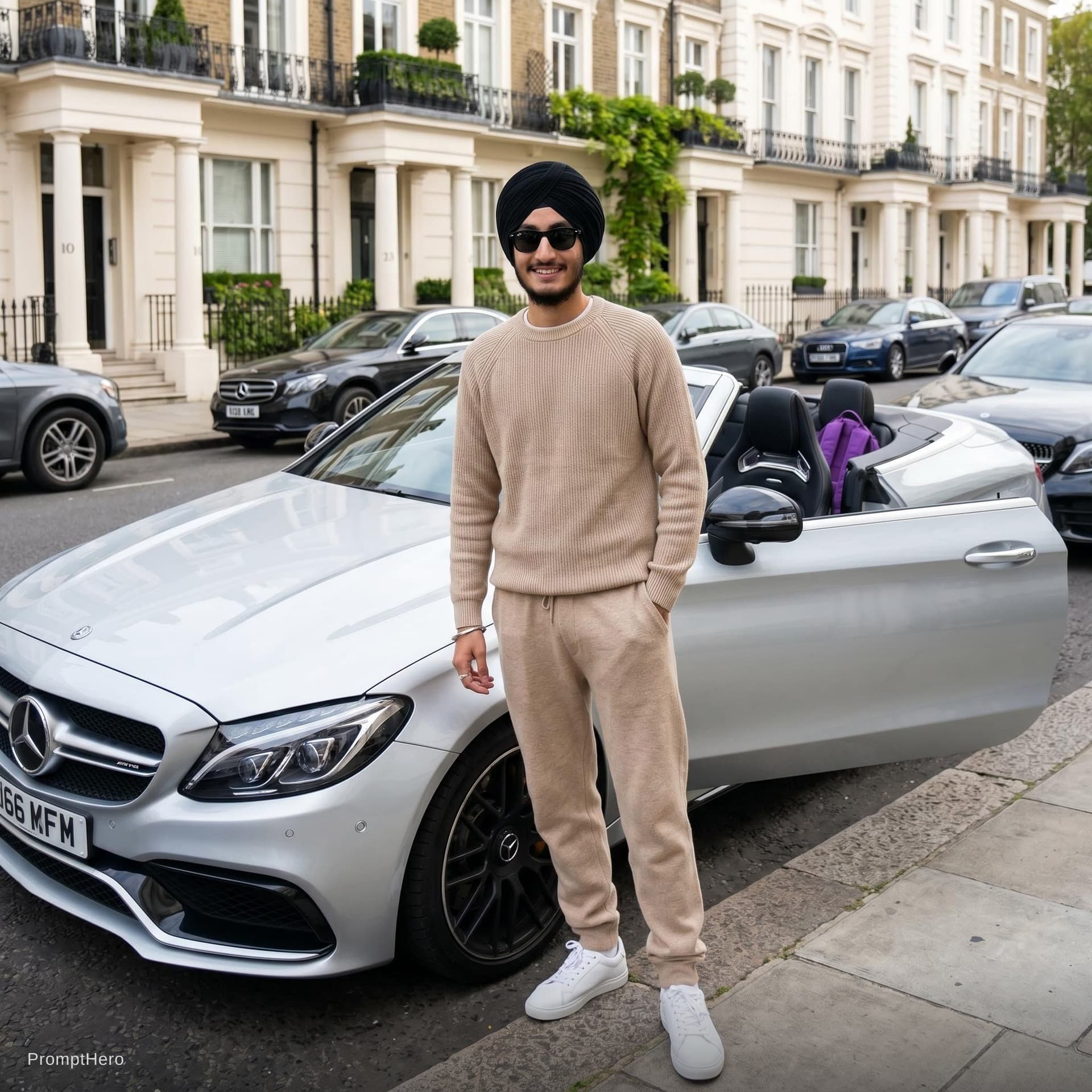 AI generated: A cinematic lifestyle photograph of a stylish man standing beside a sleek silver Mercedes-AMG conver...