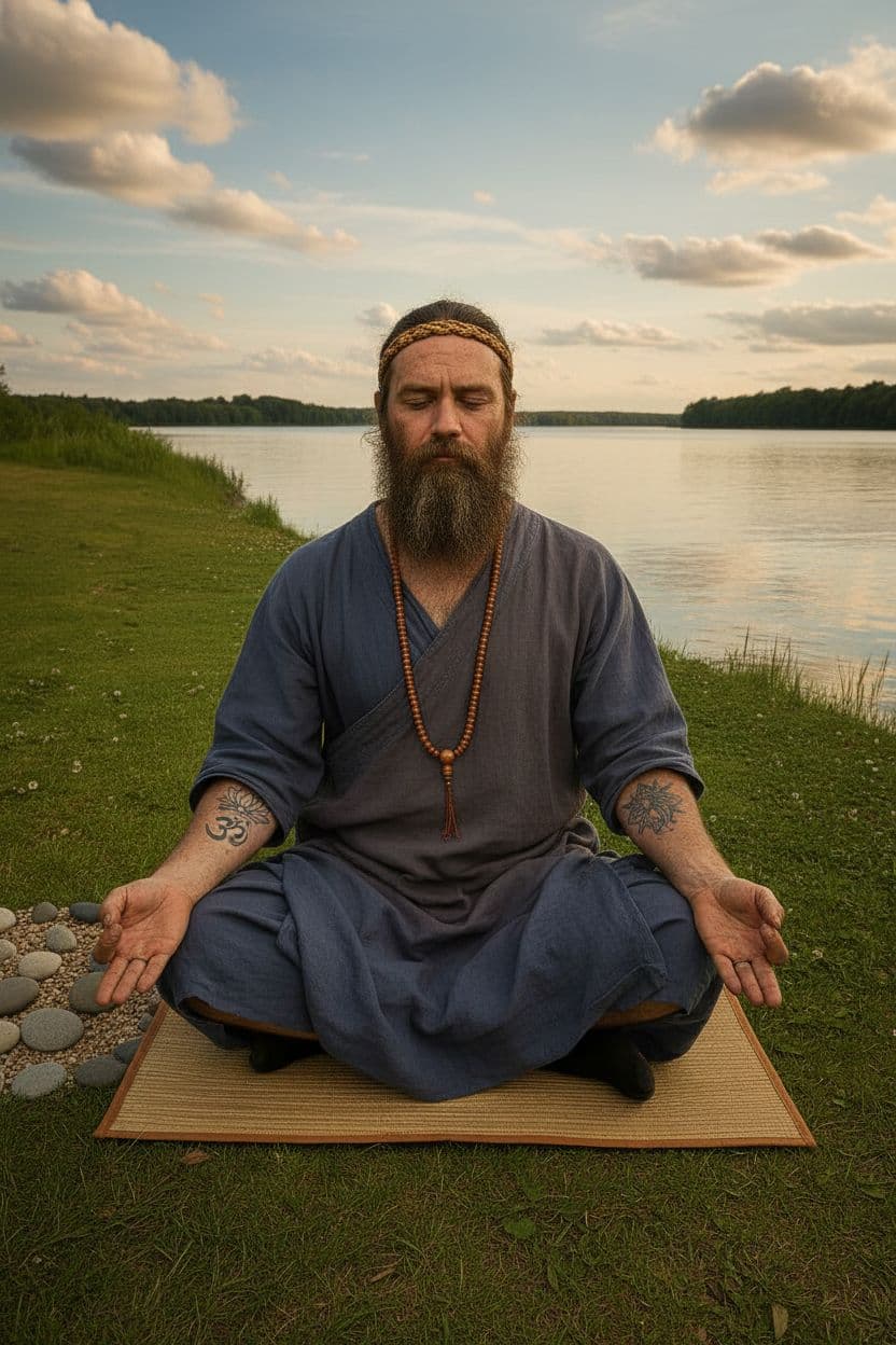 AI generated: this man with a new life based in oriental believes, he abandoned christianity for oriental religion...