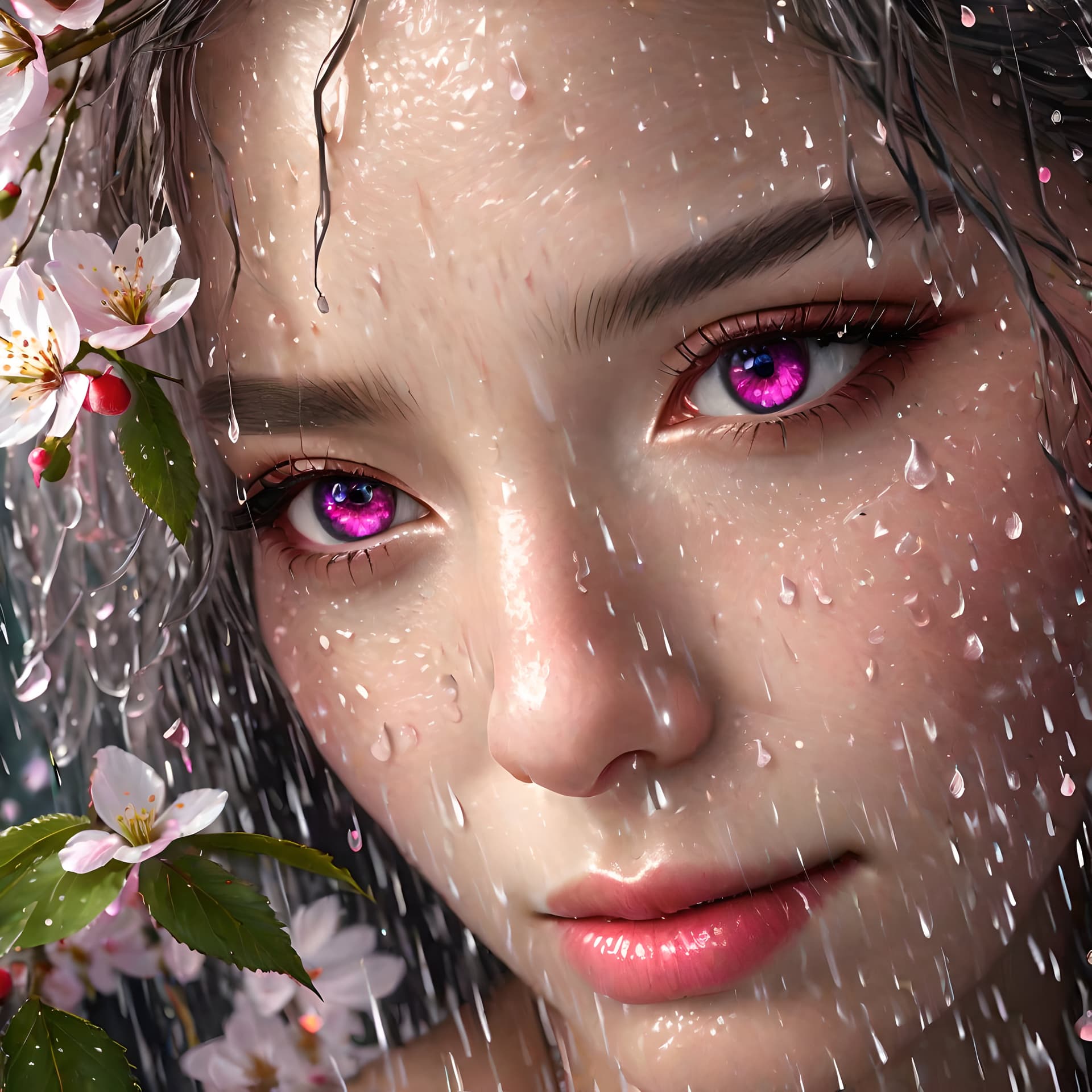 AI generated: a cherry tree in full bloom, rain, godrays, micro details, tapestry, bloom, studio lighting, profess...