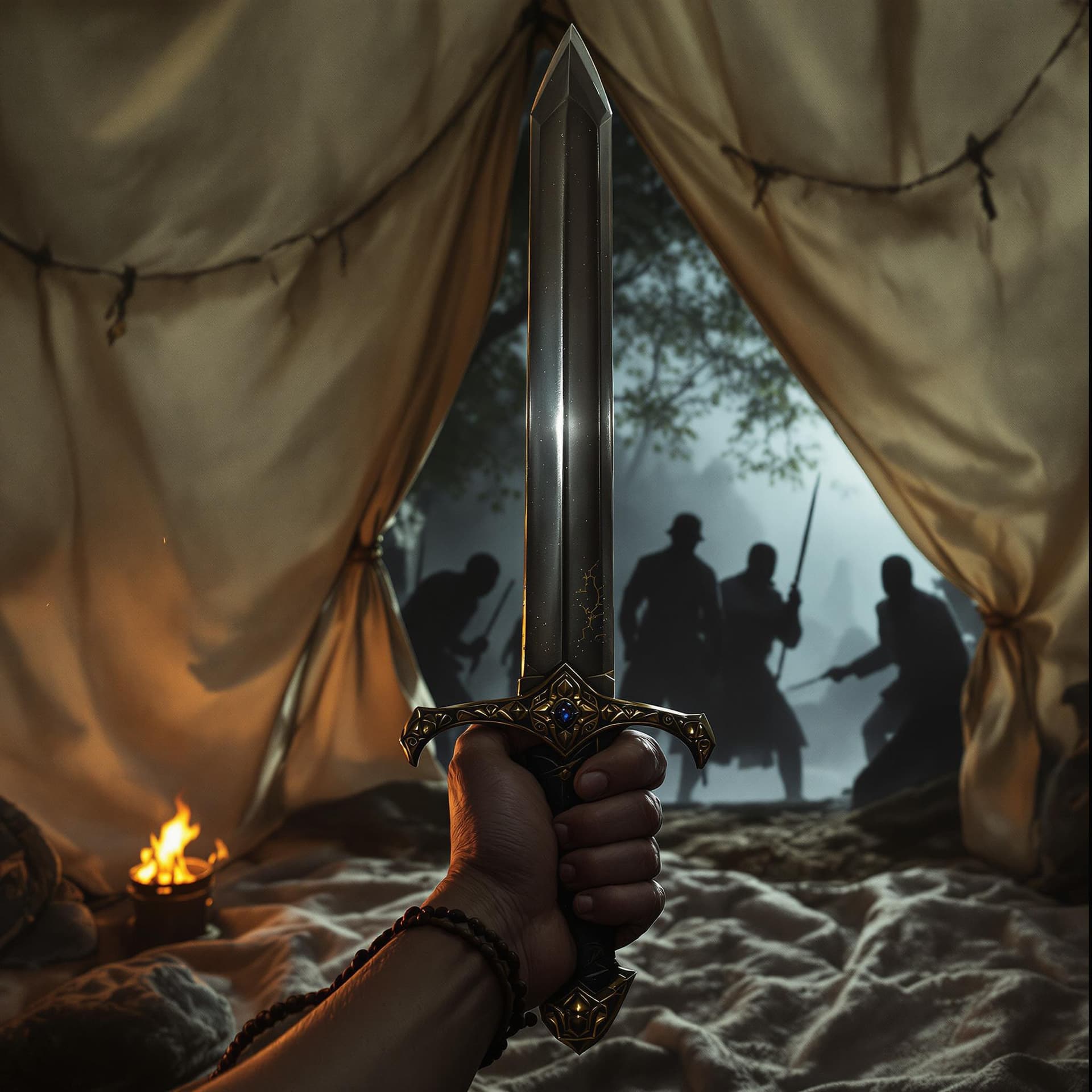 AI generated: POV first-person , i wake to the flickering light of the oil lamp beside me, the air thick with the ...