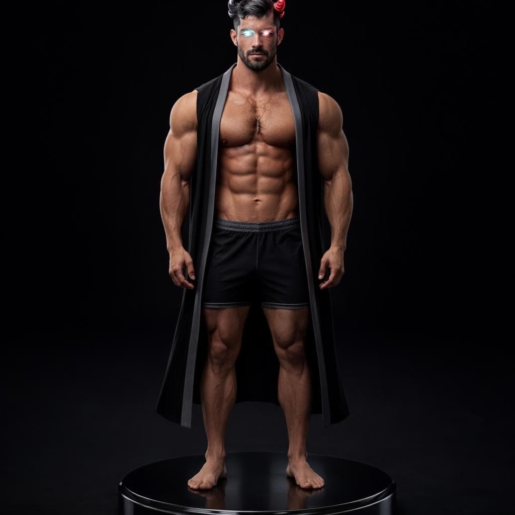 AI generated: Create a tall man with a pair of devil horns on his head with one being chrome black and the other b...