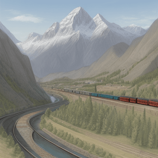 AI generated: sketch valley with small mountain , three mountain peaks, modern factory at the river, train railway...