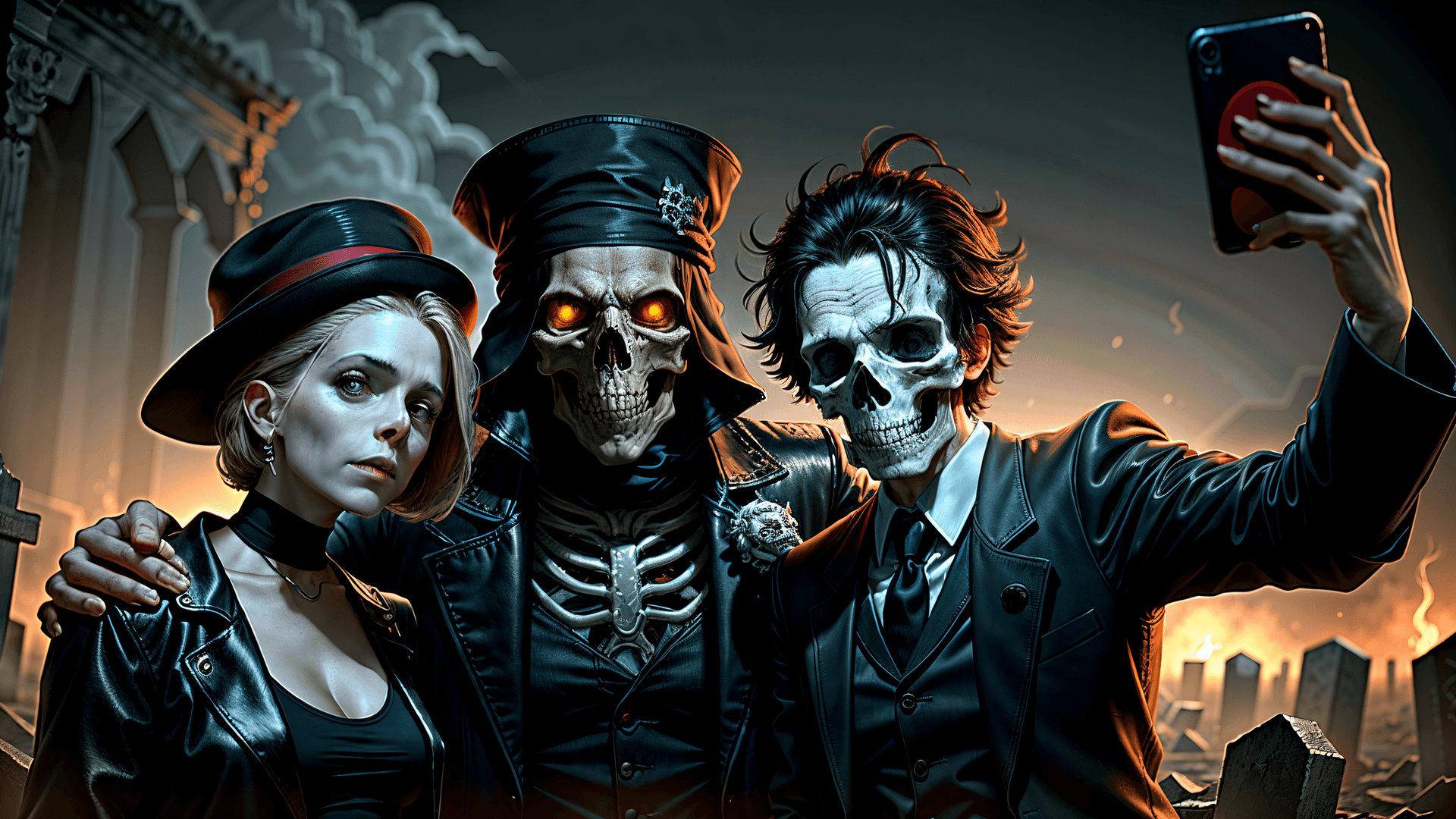 AI generated: (Masterpiece, Best quality , award winning image:1.2), A Selfie of a group of Skeletons and Pirates,...