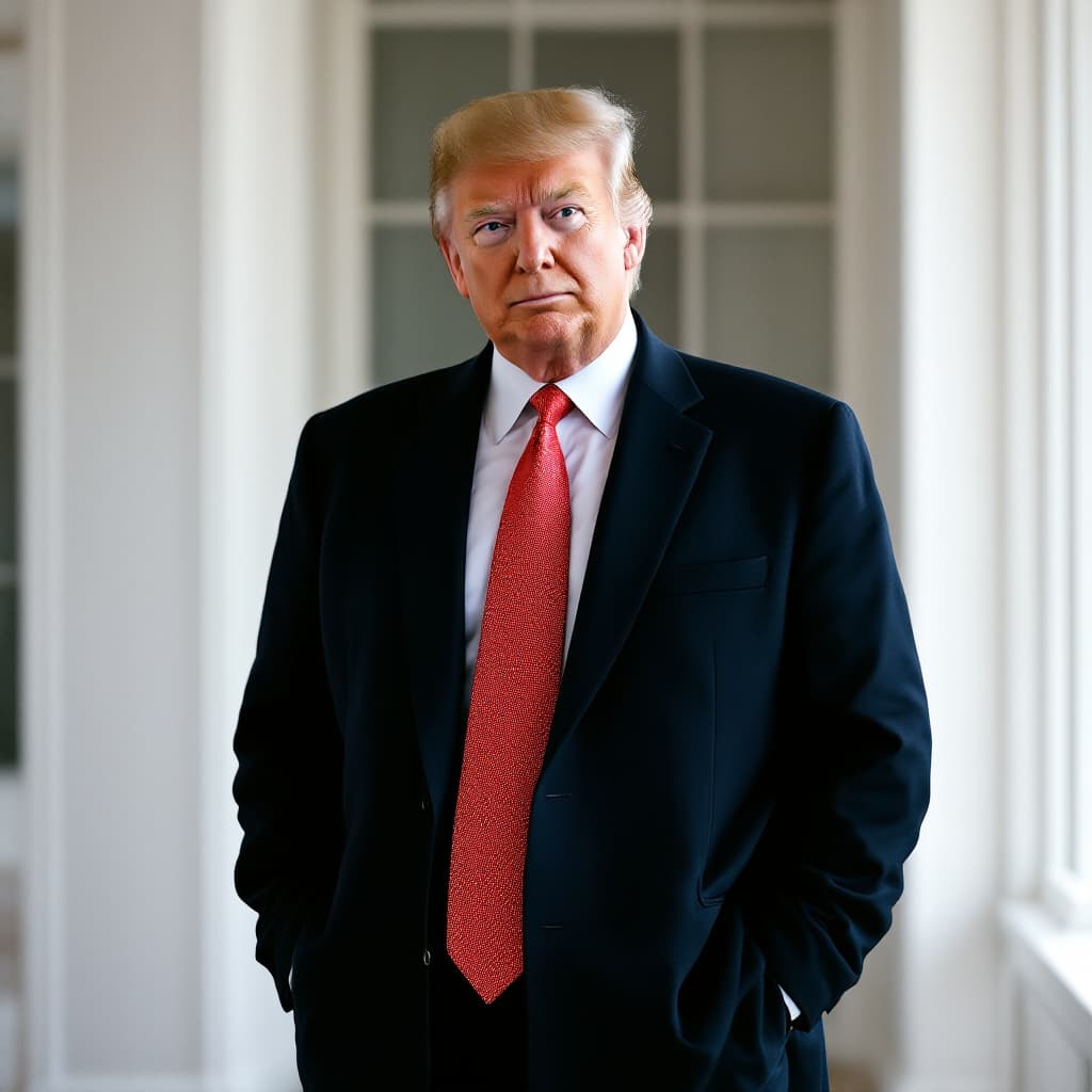 AI generated: n image of Donald trump standing straight on, head turned slightly to her left, looking directly int...