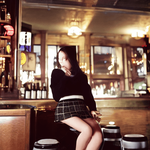 AI generated: At a bar there's a pretty lady sitting wearing a black sweater and a checkered mini skirt, volumetri...