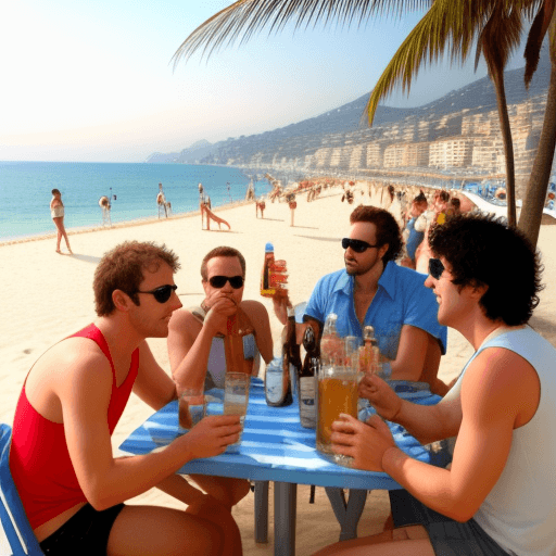 AI generated: friend, band on beach, french riviera, drinking, beer around