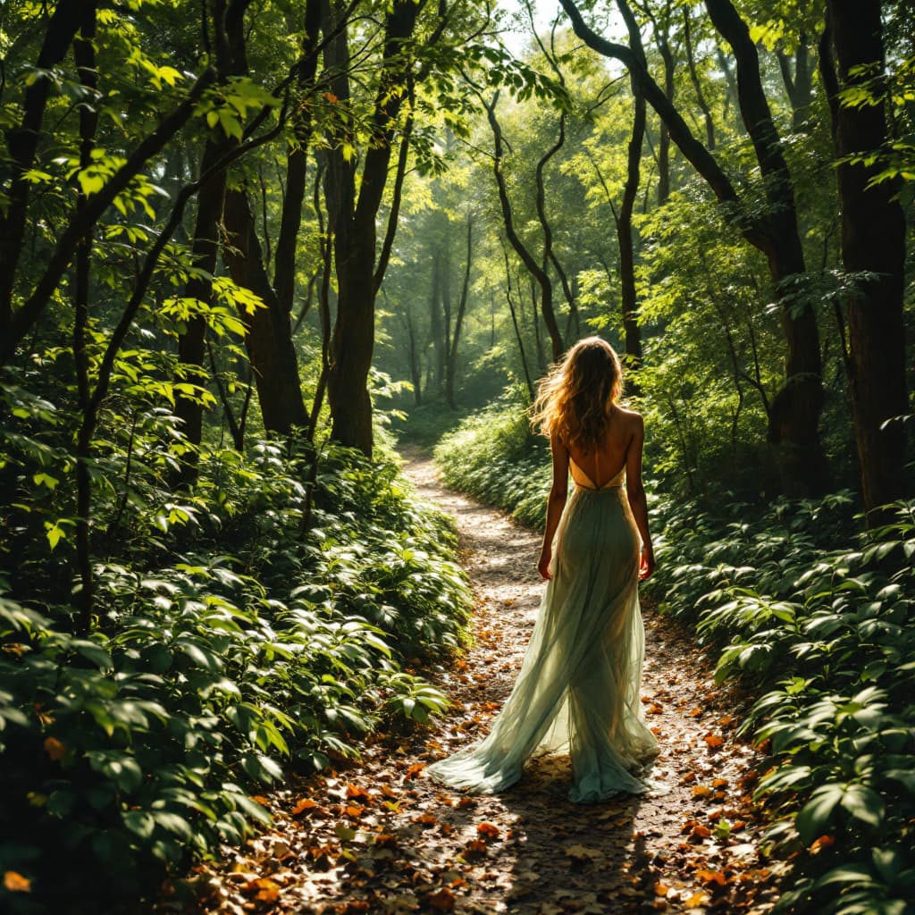AI generated: Photo of an elegant woman strolling through a lush forest, pathway keynote spelled out in the surrou...