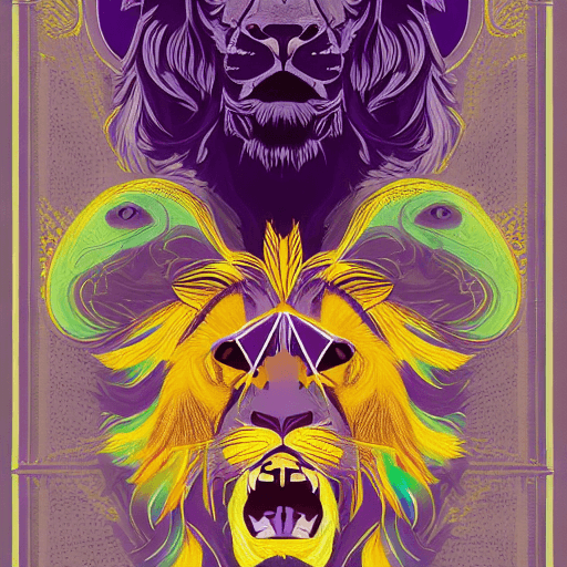 AI generated: Portrait of a majestic lion wearing large sunglasses + colorful, centre image, clean borders, + symm...