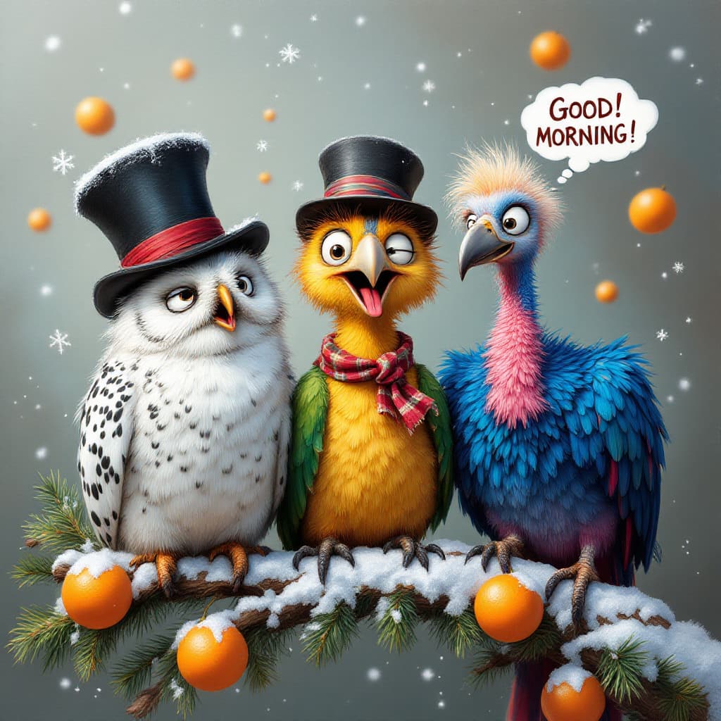AI generated: Airbrushed oil painting, Disney Pixar style, depicts three funny, cartoon birds polar owl, colorful ...