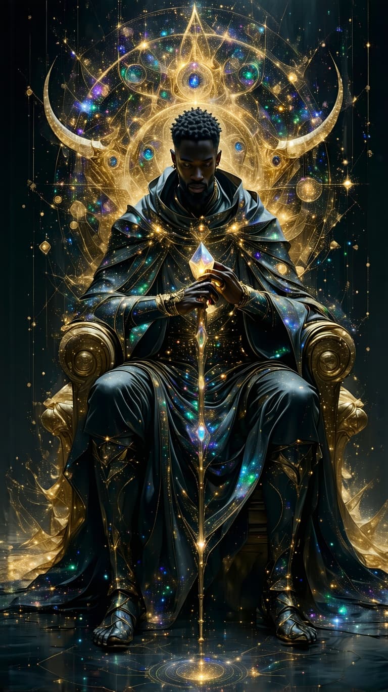 AI generated: A regal celestial king, adorned in opalescent golden armor etched with cosmic fractals, sits upon a ...