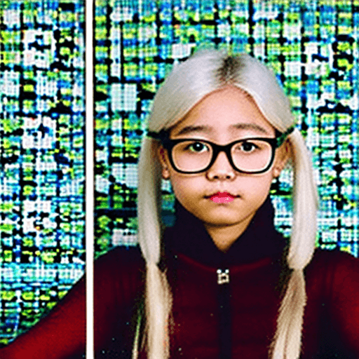 AI generated: A portrait of a 16 year old asian girl with white hair and blue eyes and white glasses. in medium sh...