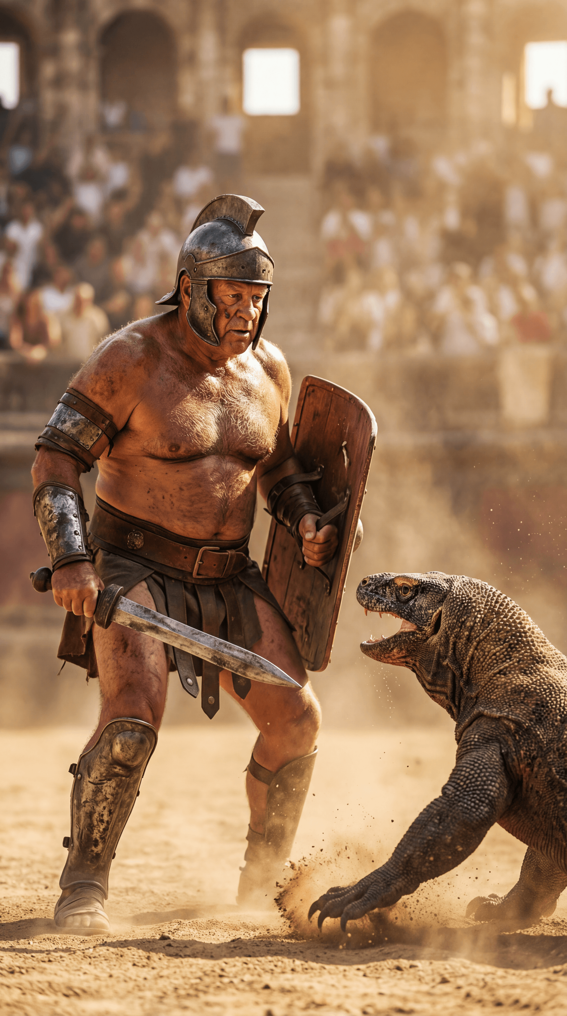 AI generated: Ultra-realistic documentary-style action photography inside the Roman Colosseum, bathed in warm gold...