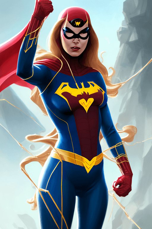 AI generated: clear portrait of a superheroine concept between spiderwoman and batgirl, cottagecore!!, background ...