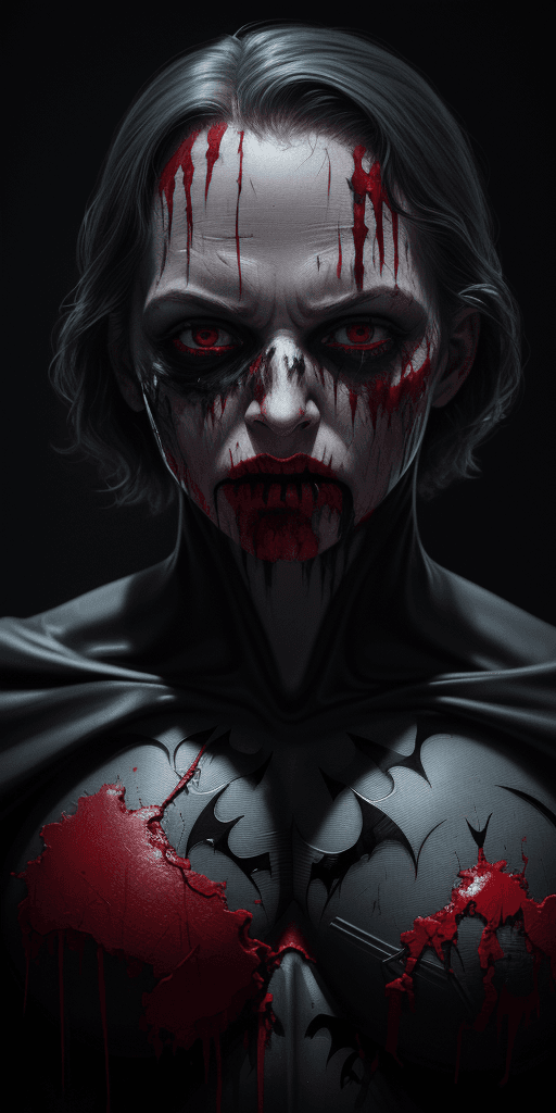AI generated: 8k Studio Photography, work over Batman, bloody face, open flesh wounds, Scary Creepy (Grisly) Omino...