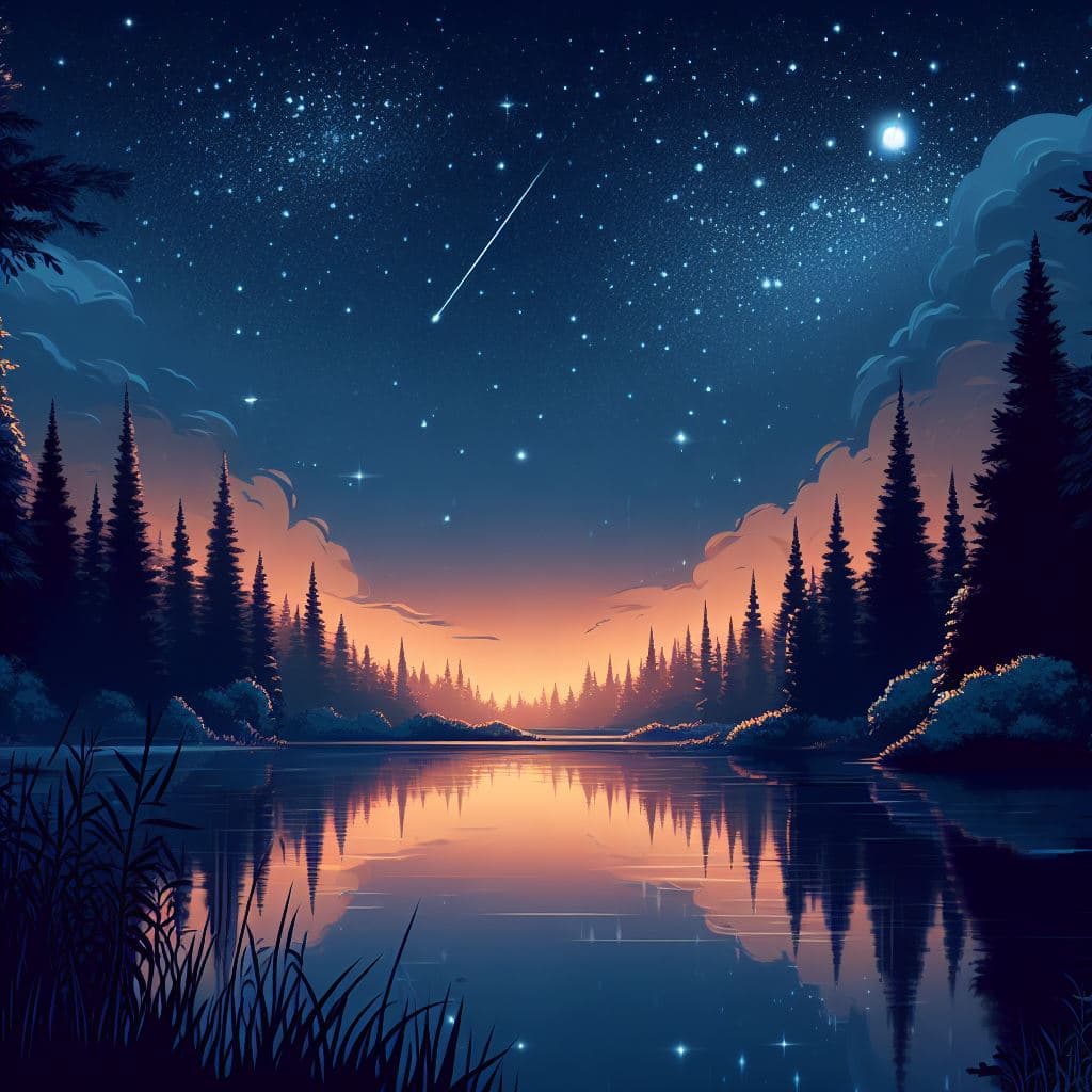 AI generated: Illustration of a starry night sky over a tranquil lake