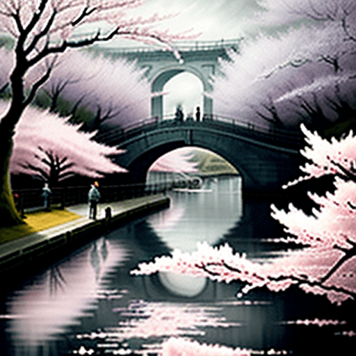 AI generated: For people walk the bridge under a large cherry blossom, in the style of atmospheric paintings, gray...