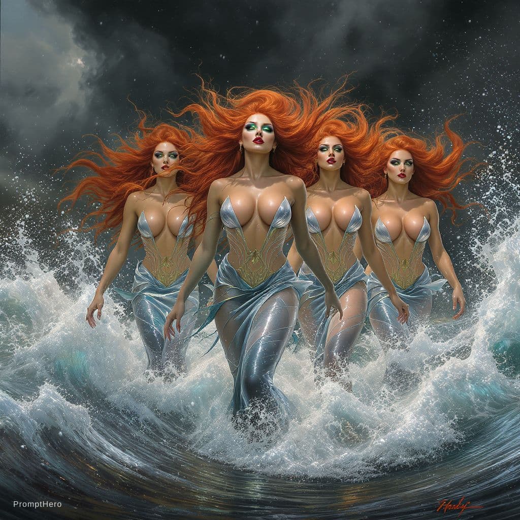 AI generated: Epic fantasy scene, four beautiful fiery red haired sea goddesses rising from the stormy ocean, long...