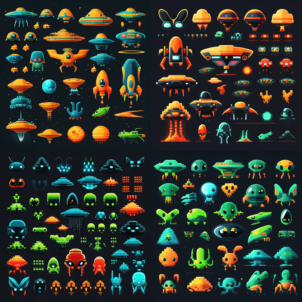 AI generated: game sprite sheet of space invaders aliens and ufos, collection sheet, retro, low poly art, 2d game ...