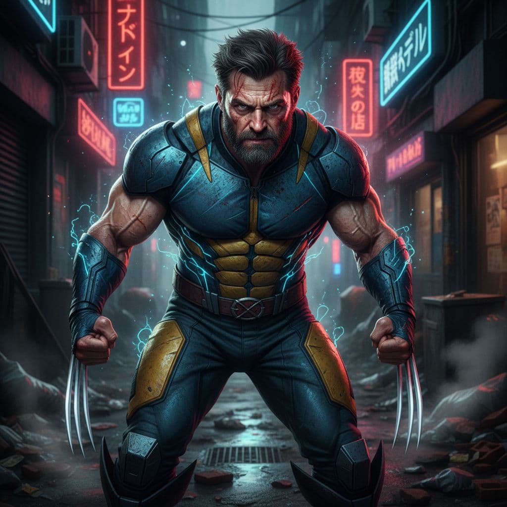 AI generated: Hyper-realistic digital portrait of Logan, known as Wolverine, rendered with Dan Hipp's trademark bl...