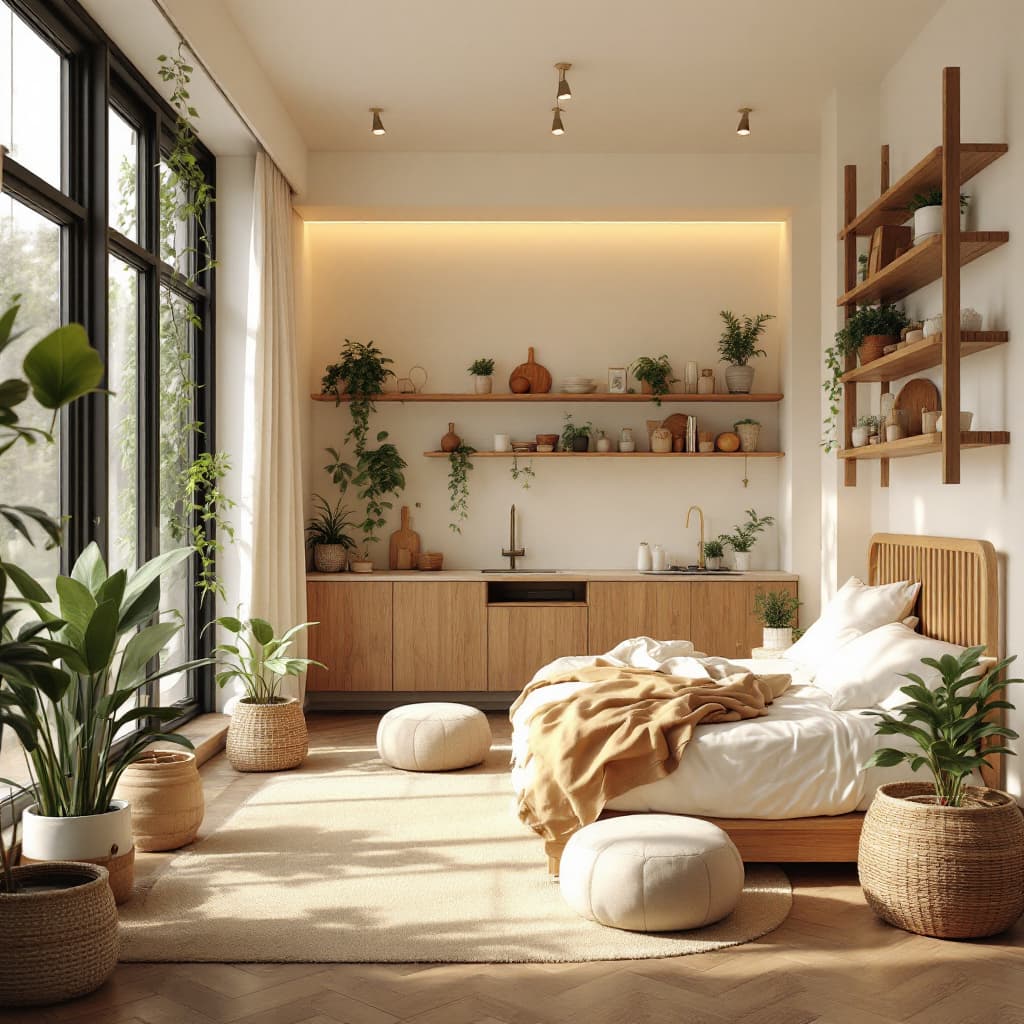 AI generated: A nature-inspired studio apartment, 8x5m. Includes lots of plants, natural wood furniture, bamboo sh...