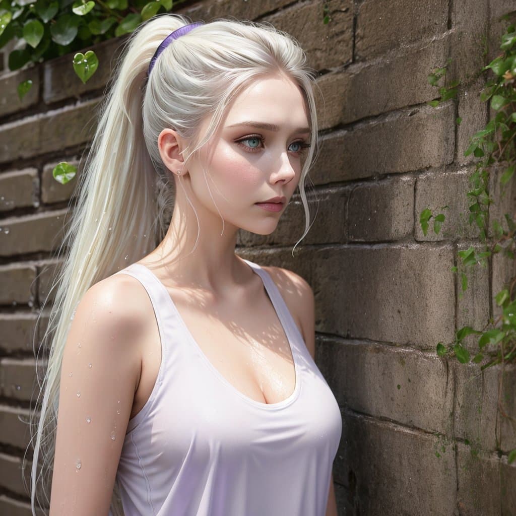 AI generated: elizabeth olsen close up portrait, stands against a wet white brick wall, Water flows down the wall,...