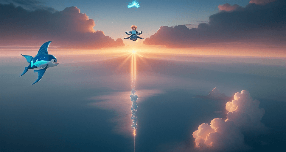 AI generated: "Fly with me, Spark the flying fish," Finn declared, Into the skies, the duo soared and shared. Thro...