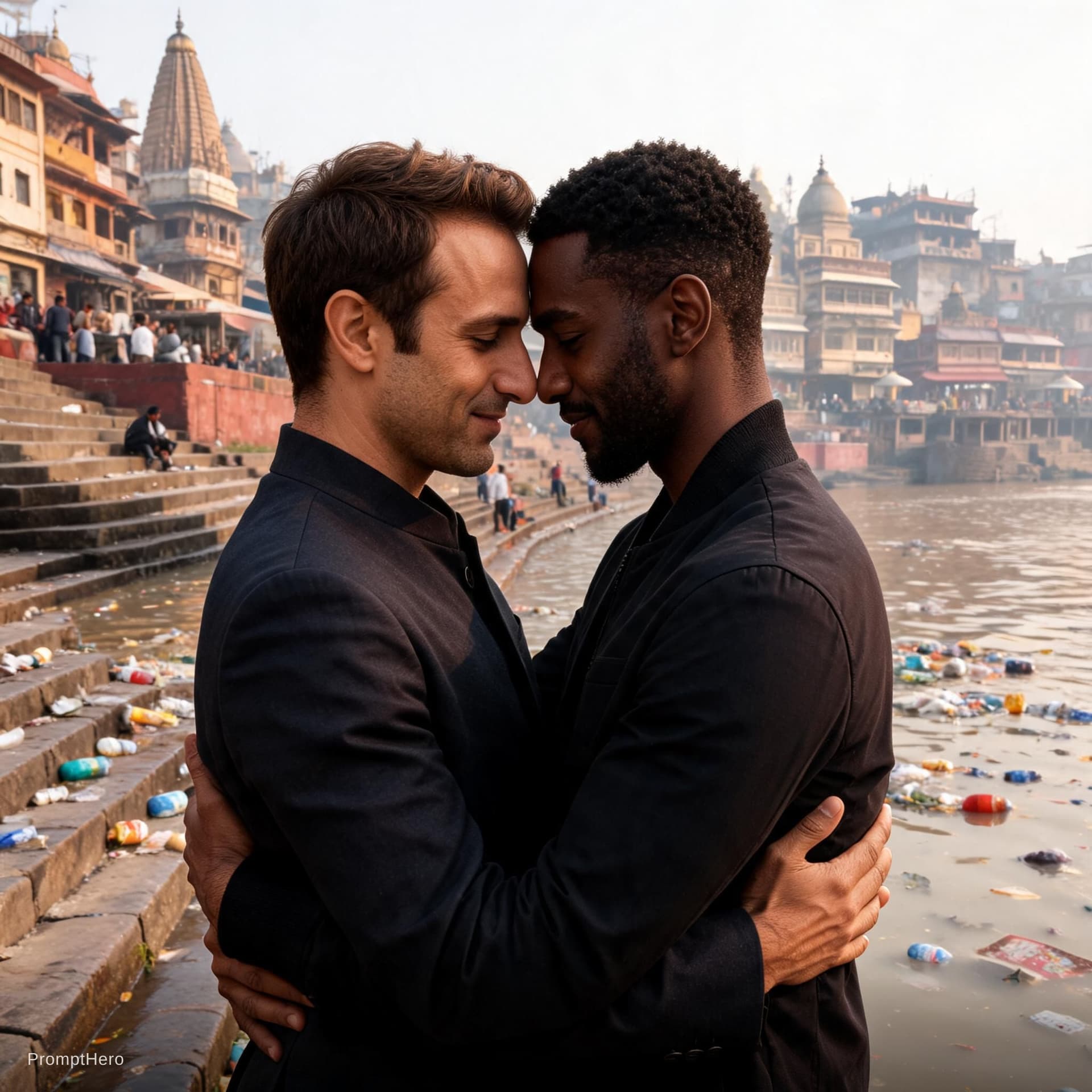 AI generated: a portrait of two  Indian men together, Emmanuel Macron and Chidi Anagonye, in India, Varanasi, at t...