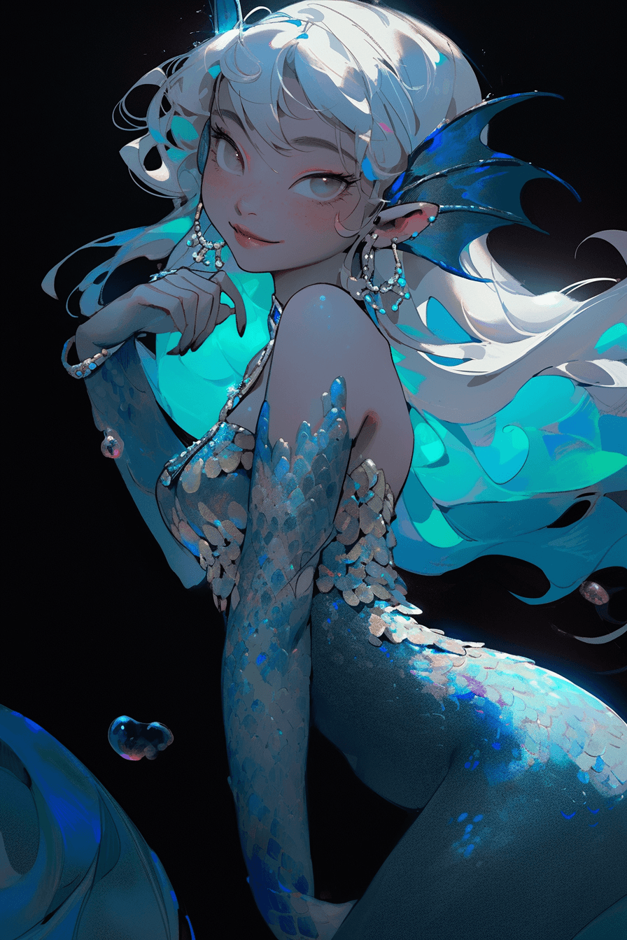 AI generated: Point of View Shot of an anime elegant mermaid wearing sapphire-blue and silver scales with iridesce...