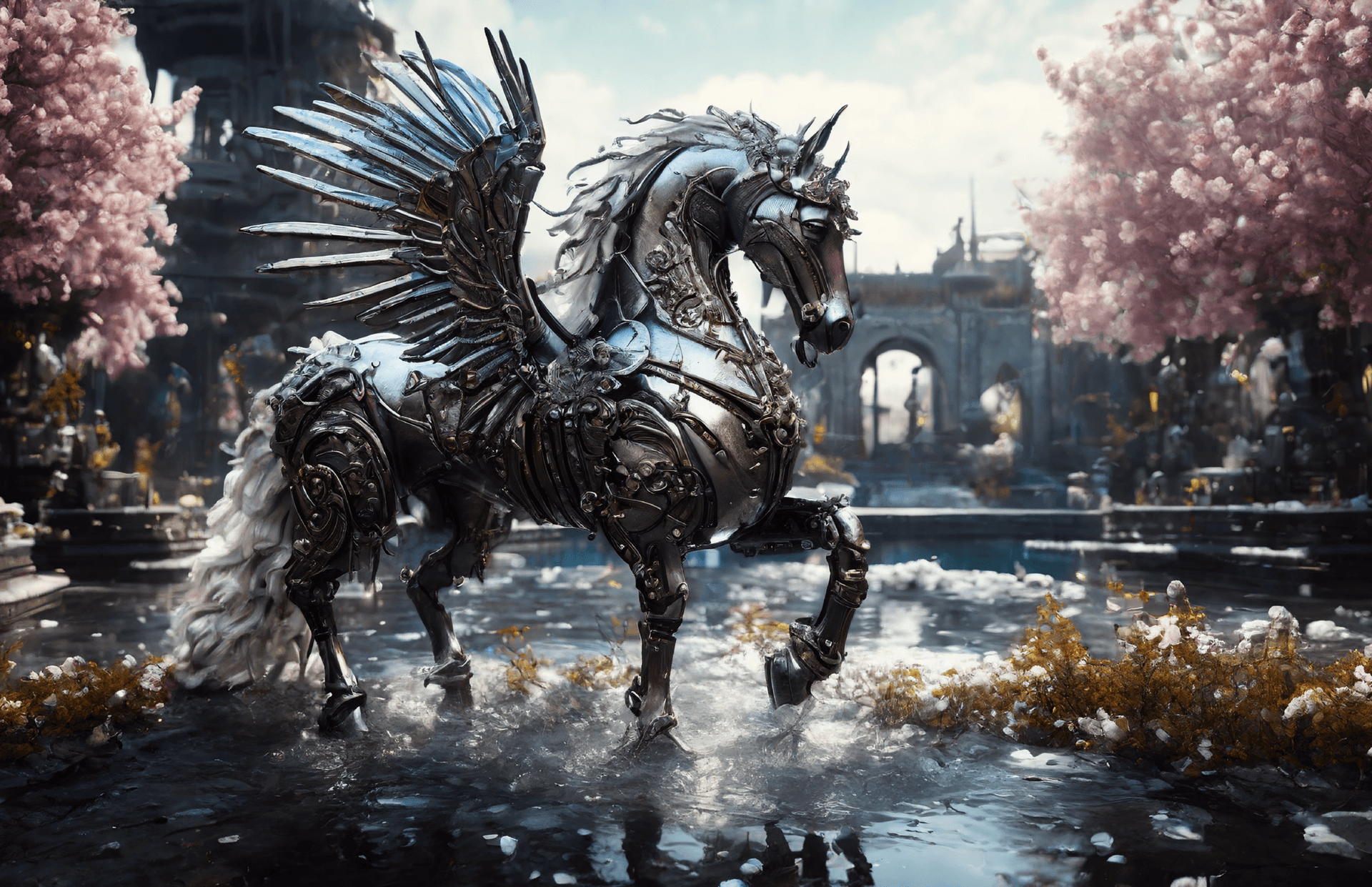 AI generated: A mechanical Horror Pegasus, a fantastical horse with metal feather wings, water splashes, and foam,...