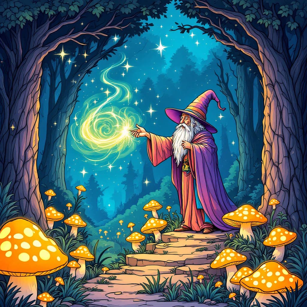 AI generated: Coloring book page, A wizard casting a spell in a forest of glowing mushrooms