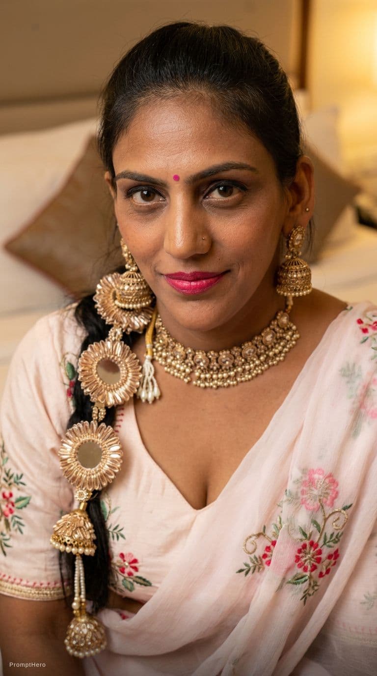 AI generated: Sitting on a bed teasing, same uploaded hairstyle, wearing same décolleté saree dress but cropped, l...