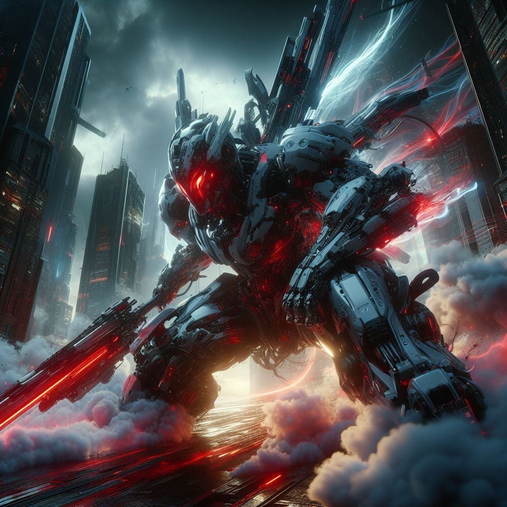 AI generated: high ground angle shot, stormy skyscrappers on low ground, a Robot heavily armed, futuristic organic...