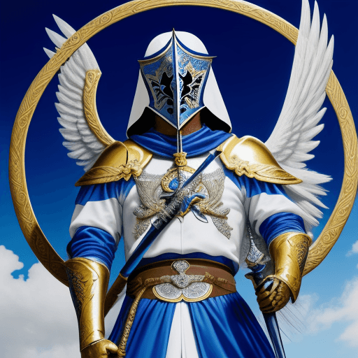 AI generated: arcángel miguel con alas, armadura dorada, espada con rayo azul, escudo protector, 