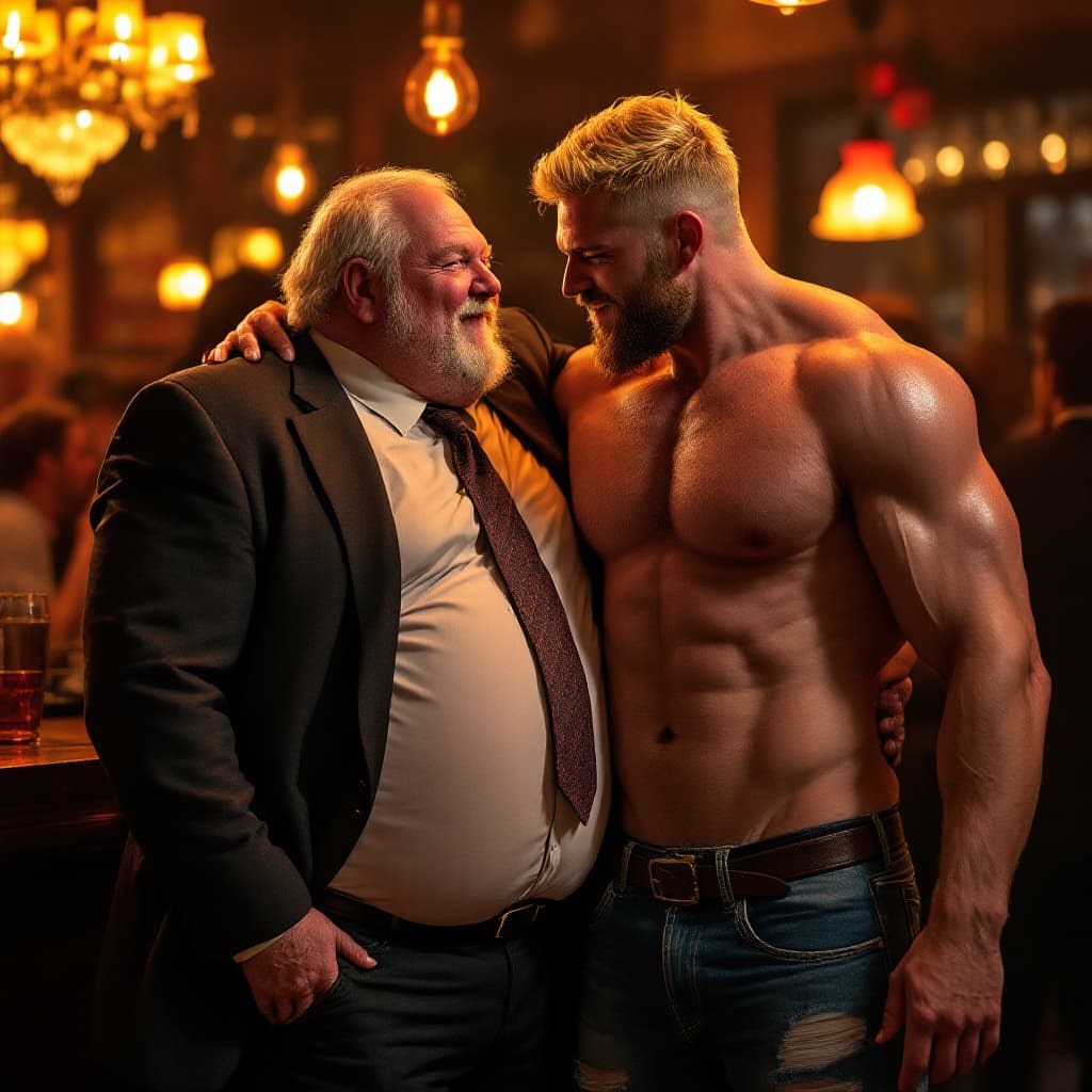 AI generated: high-resolution photo of a fat fat old man wearing a suit and tie, fondling extremely muscular young...