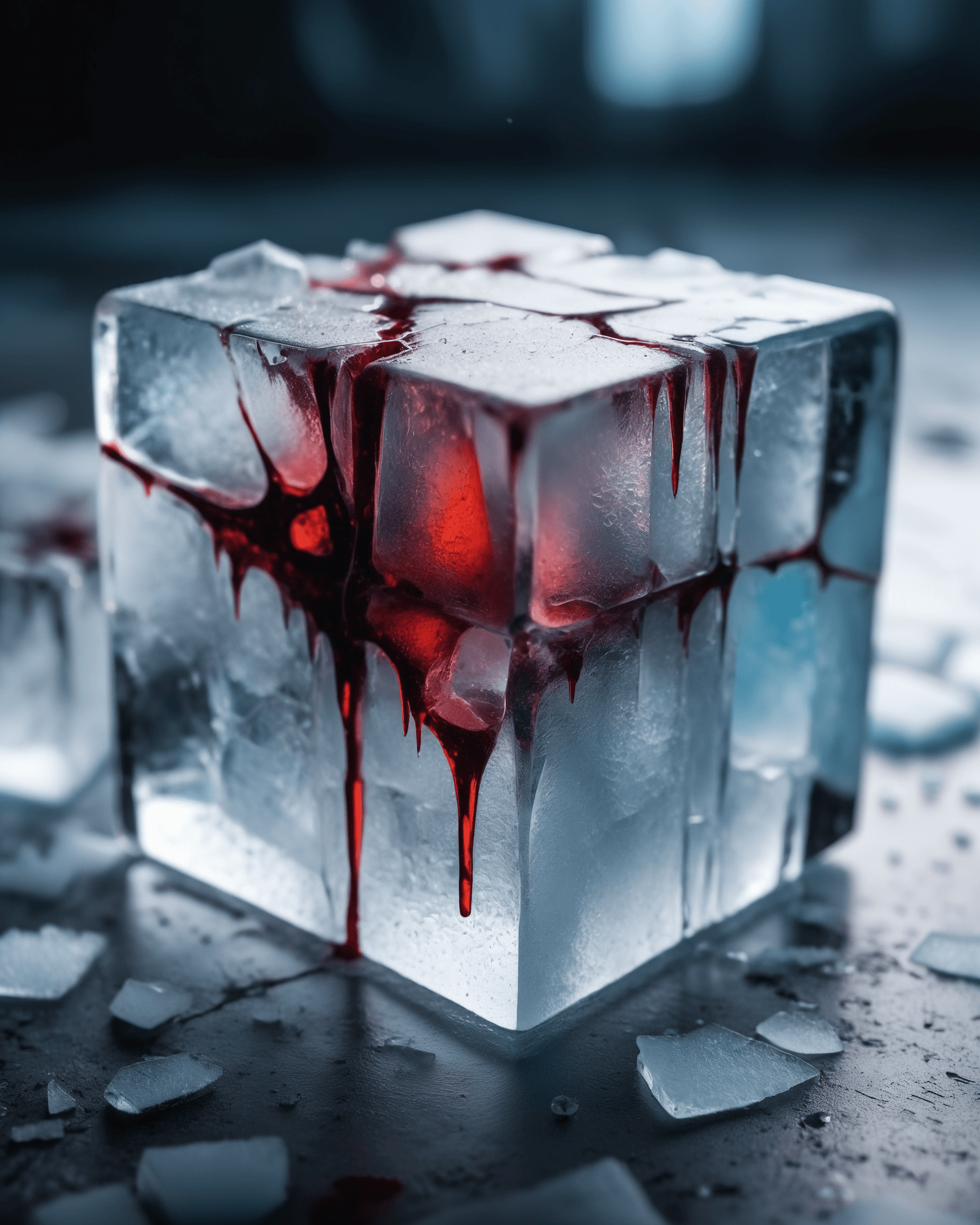 AI generated: close-up photo of a beautiful highly detailed cube of ice , splintered cracked ice surface, frosted ...