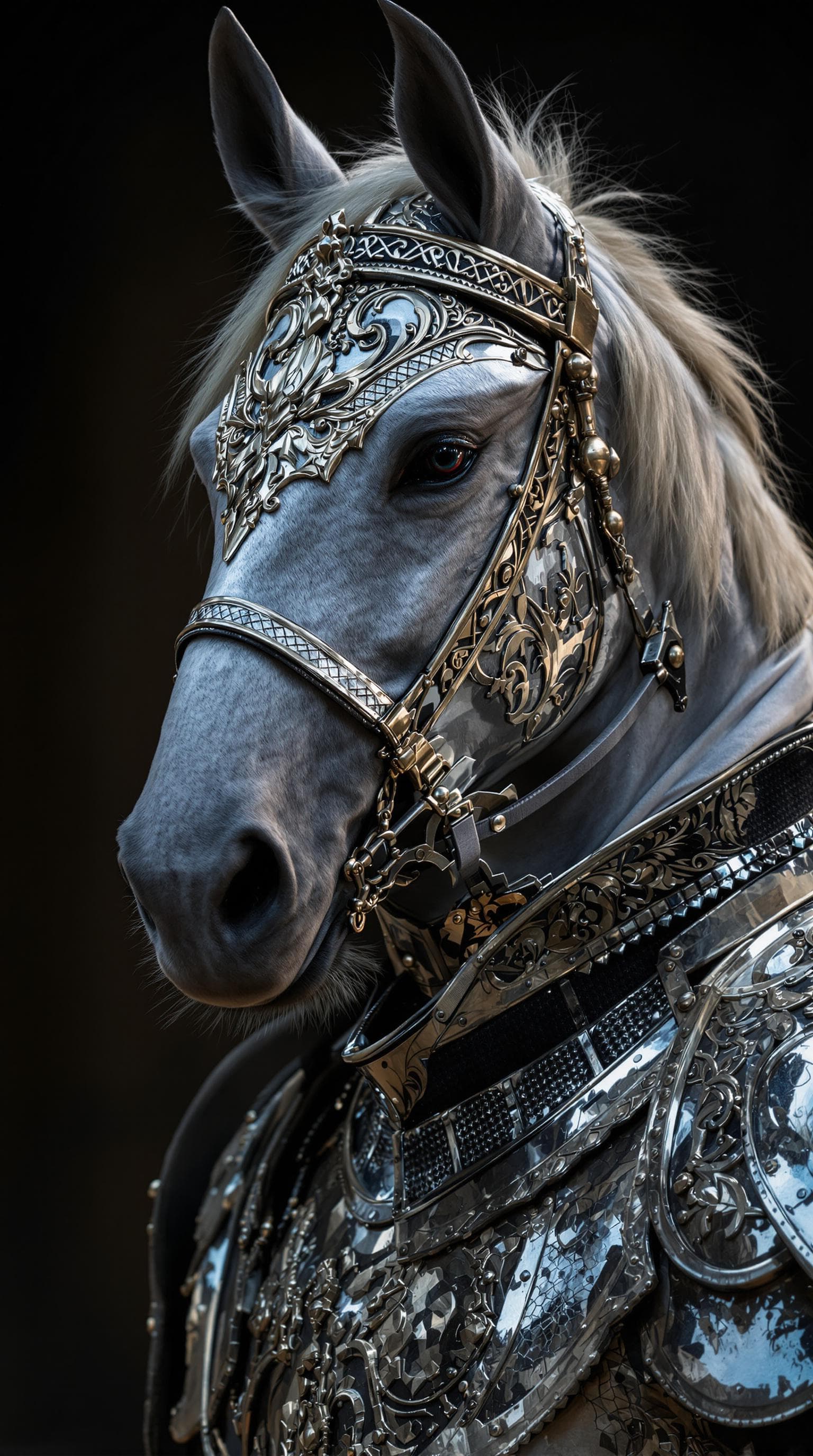 AI generated: horse knight, portrait, finely detailed armour, intricate design, silver, silk, cinematic lighting, ...