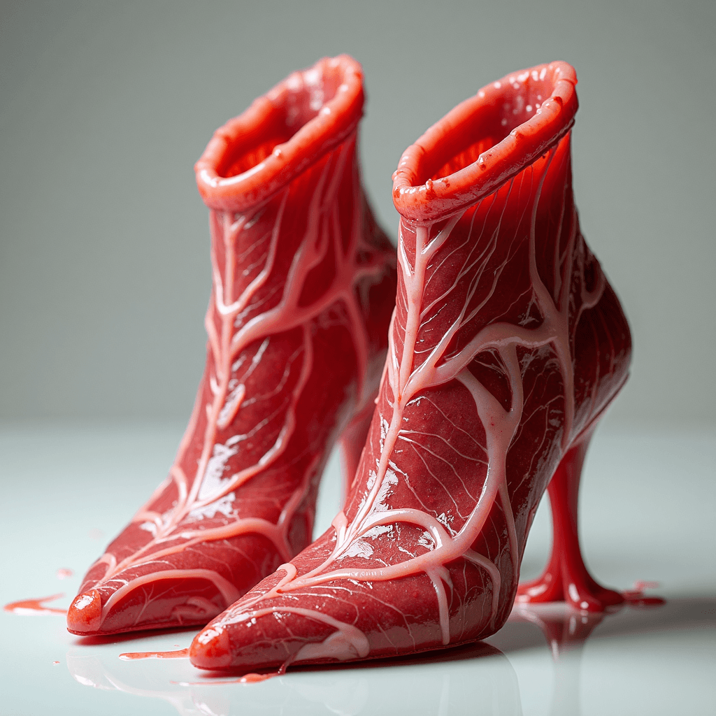 AI generated: a pair of surreal raw meat shoes made of splashy (raw meat structure) (meat) (raw) (meat with veins ...