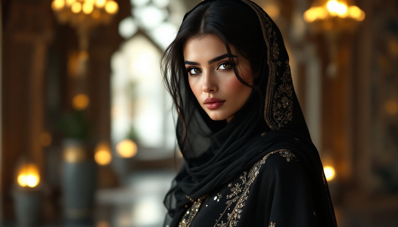 AI generated: Une femme arabe incroyablement belle avec des yeux noirs saisissants et de longs cheveux noirs, port...