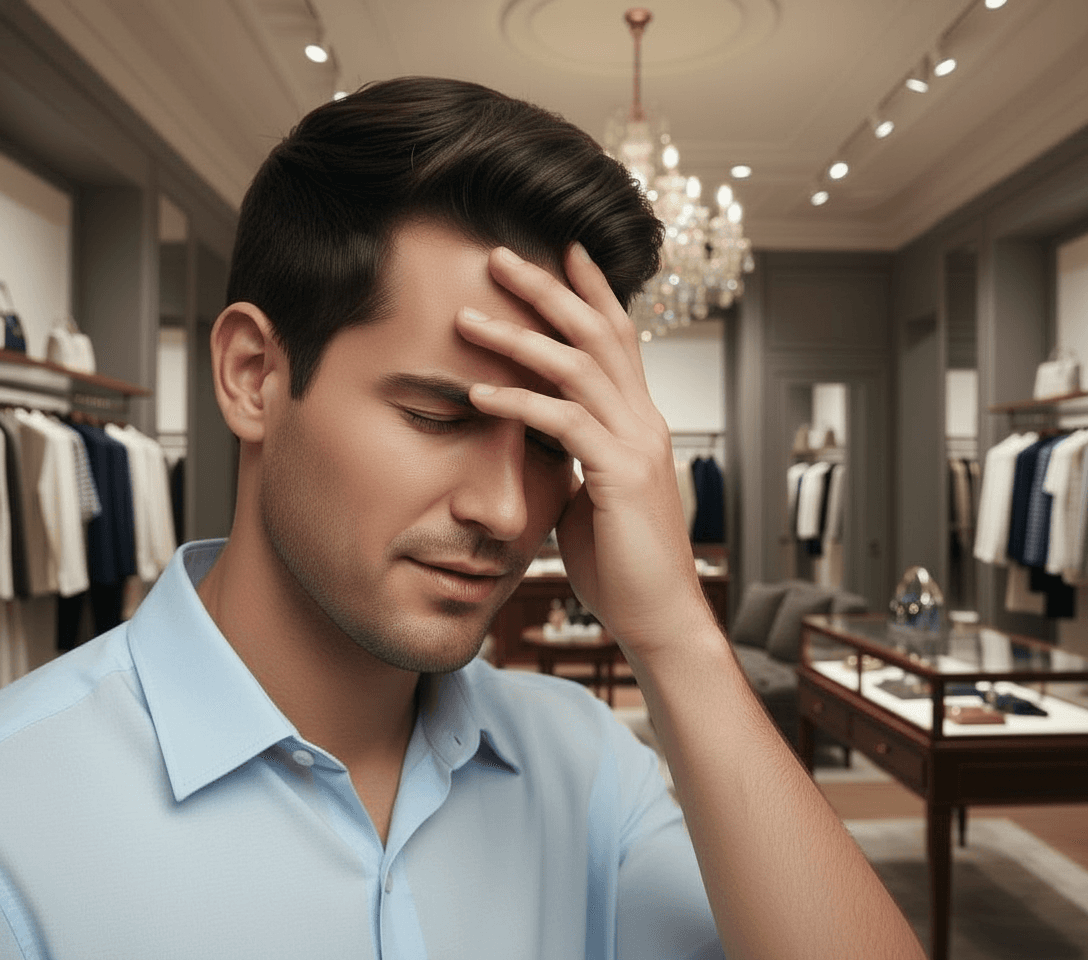 AI generated:  At a very luxurious clothing store. The Hispanic male is slender, he is 5 feet tall, he is wearing ...