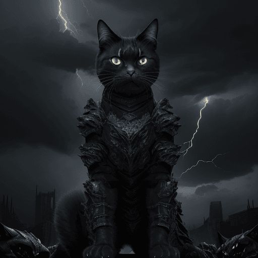 AI generated:  The funny cats is in an aggressive and dynamic pose, symbolizing readiness for battle. Its armor is...
