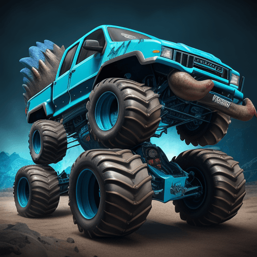 AI generated: Megalodon Monster truck with four wheels standing on a blue box that says "Megalodon," realistic sty...