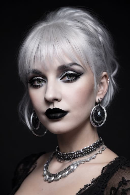 AI generated: Portrait of a pretty young goth girl, black lipsticks, black eyeliners, silver-white hair, big round...