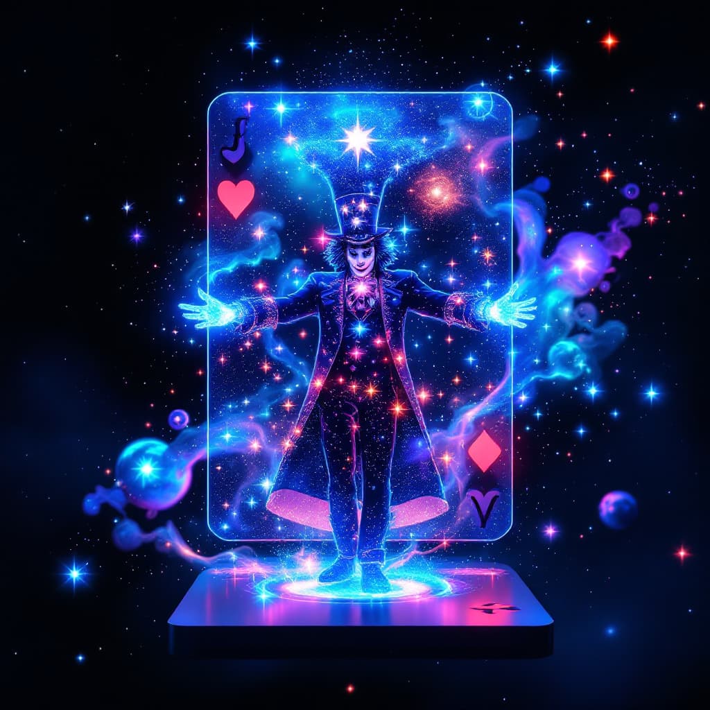AI generated: The jack of Hearts card transforms into a 3D hologram that appears to be made of cosmic energy. As t...
