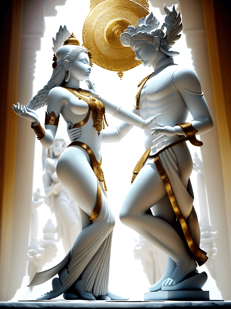 AI generated: white deity statue, the actors are dressed in white suits and are dancing with a lotus, angel, in th...
