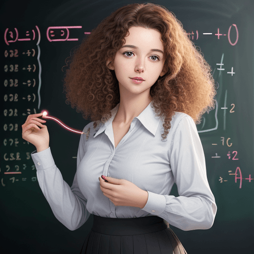 AI generated: the teacher looks straight ahead. math teacher, young, beautiful, curly hair, dressed in classic clo...