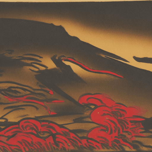 AI generated: an image with a character on an island, in the style of kawacy, dark bronze and red, luminous brushw...