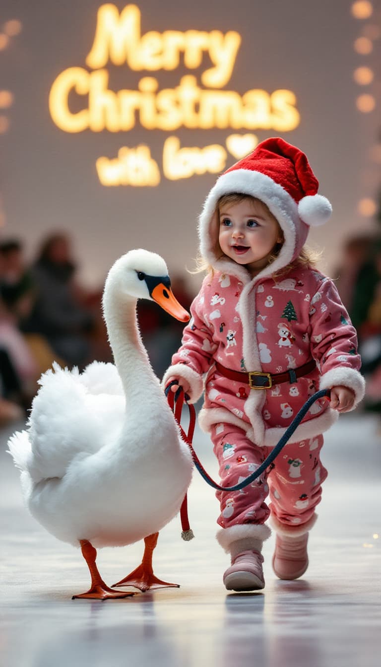 AI generated: A baby girl dressed in santa claus pajamas leads a pet manga swan on a leash while walking at a Merr...