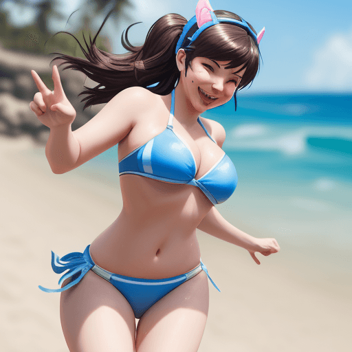 AI generated: Create an action shot of Dva from the Overwatch game, wearing a blue and white bikiny. She is happy ...