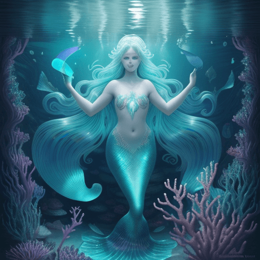 AI generated: An ethereal Mermaid, with iridescent scales and flowing hair, gracefully swimming in the depths of a...