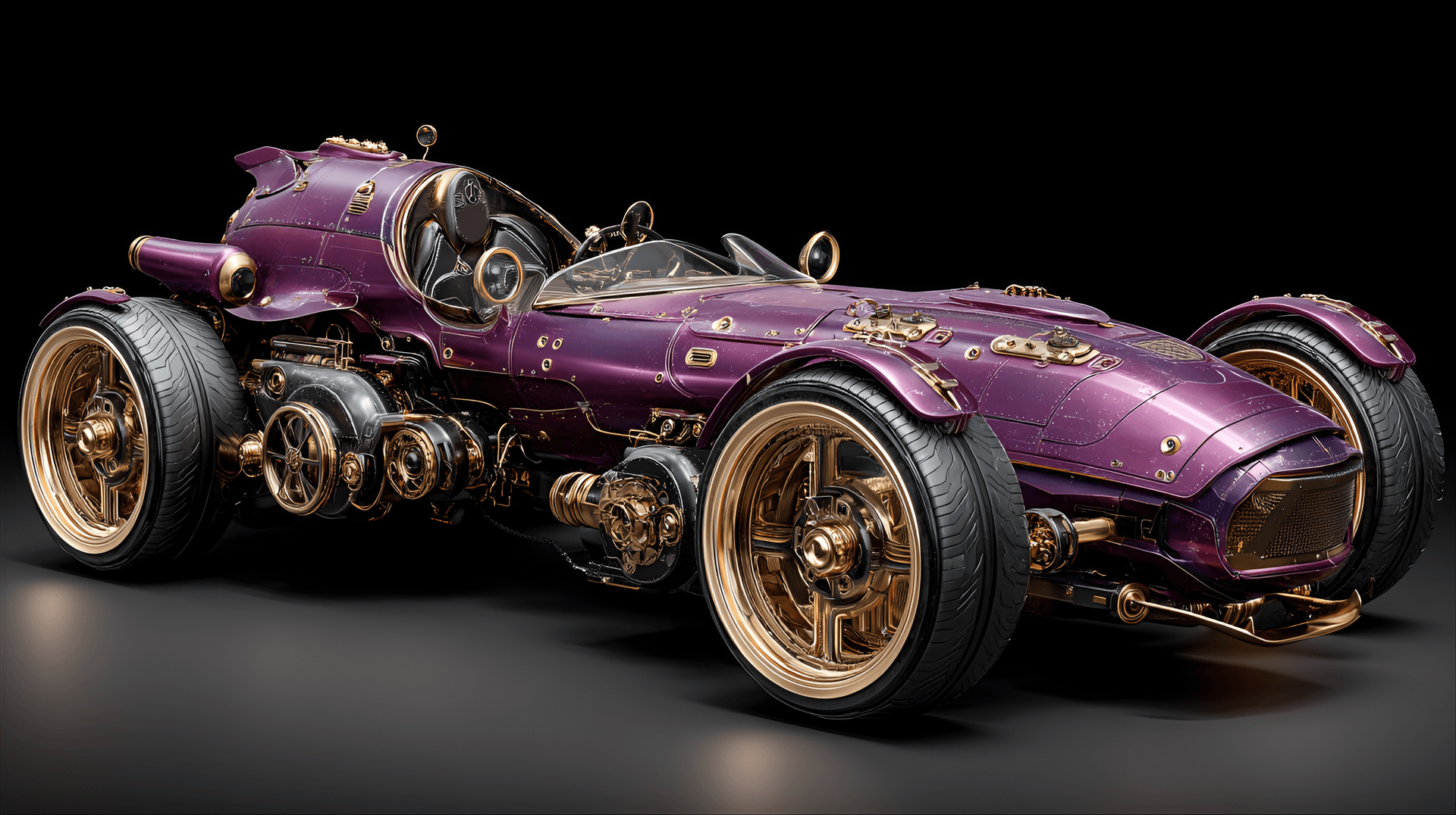AI generated: Steampunk purple car, detailed,  high-tech,  futuristic,  ornate gold mechanical parts,  glossy purp...
